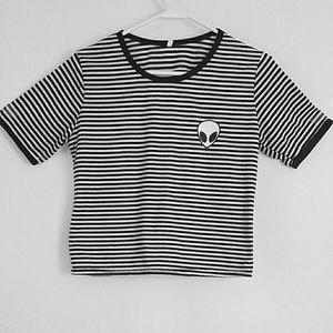 Black and white striped shirt the alien logo